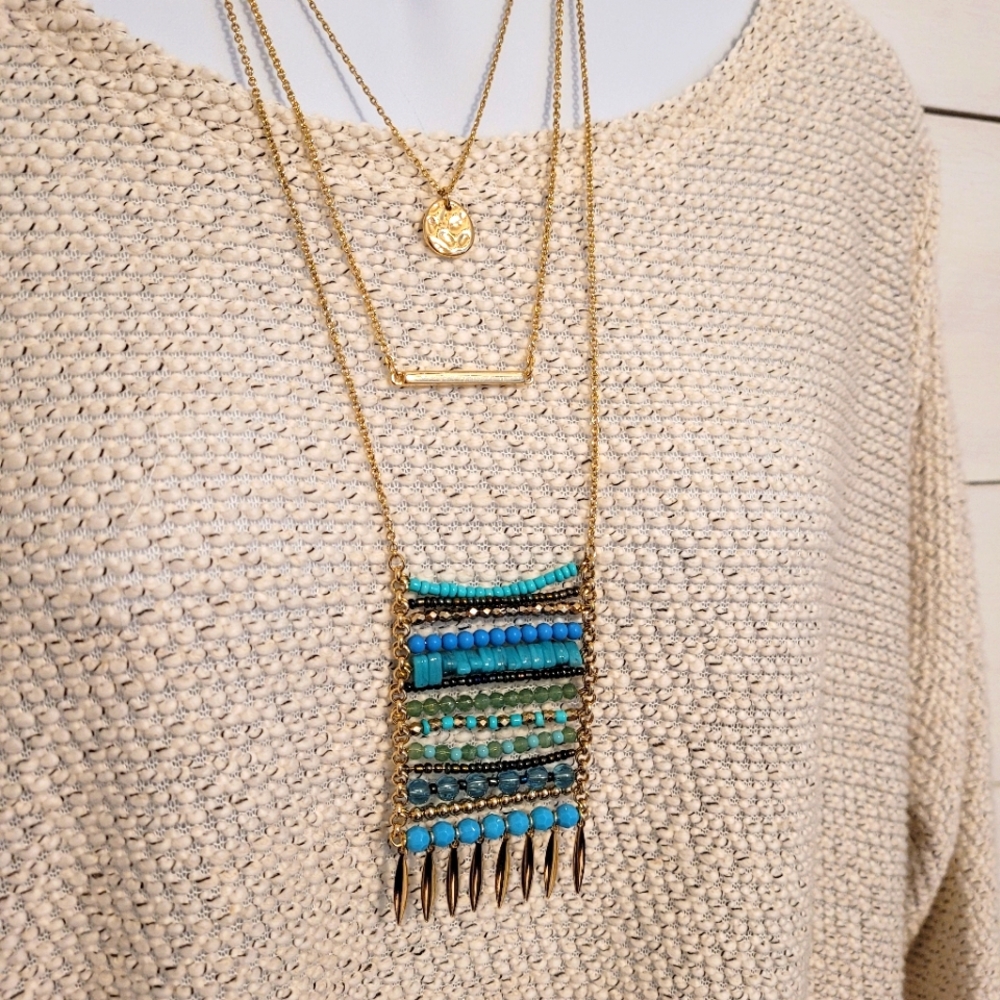 Avon fashion necklace 3-in-1 gold with turquoise beads